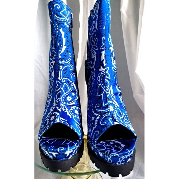 NEW Mata Blue Bandana Chunky Heel Peep Toe Boots Size 6 - Picture 4 of 10